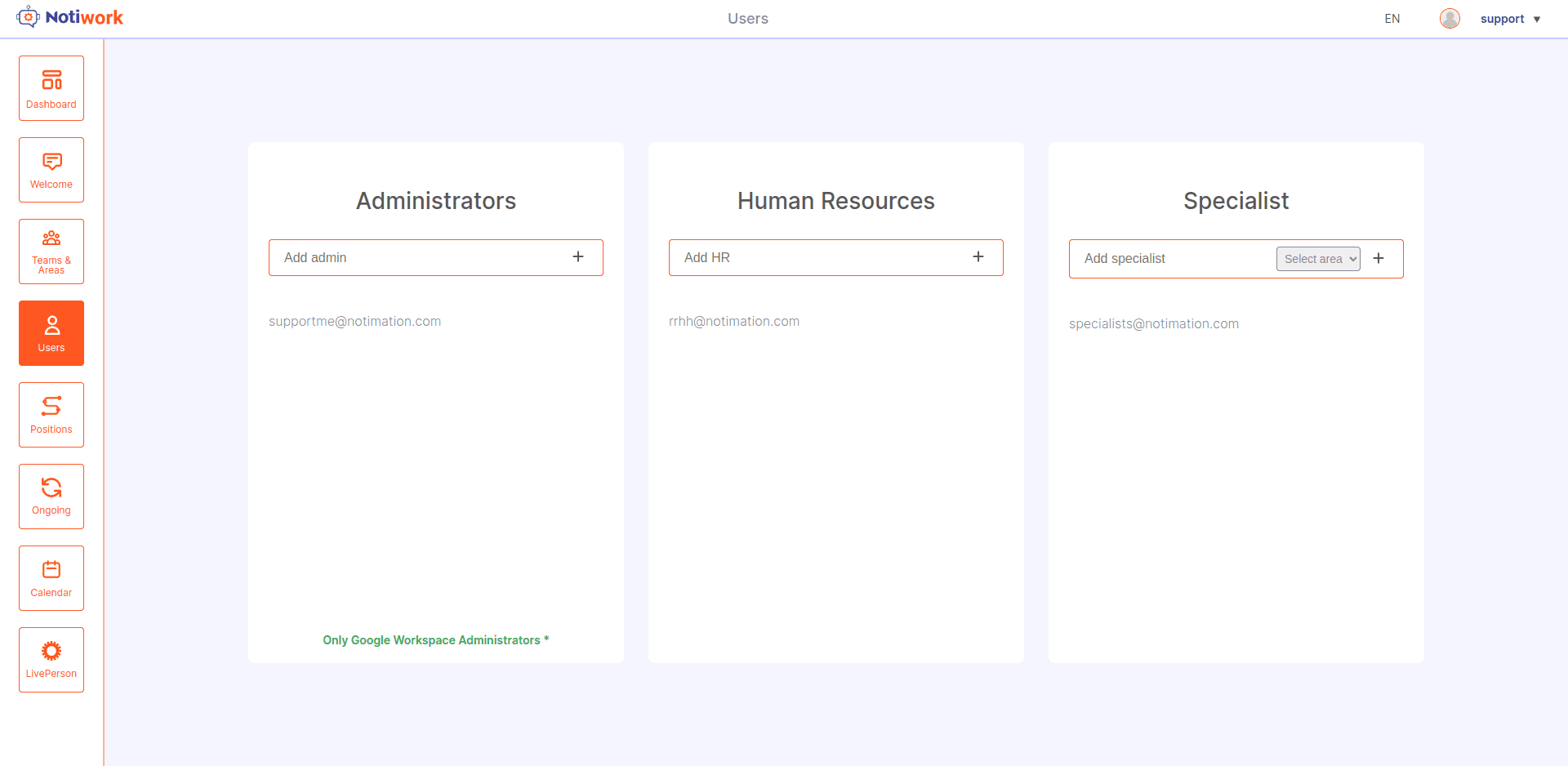 Página de usuarios del panel