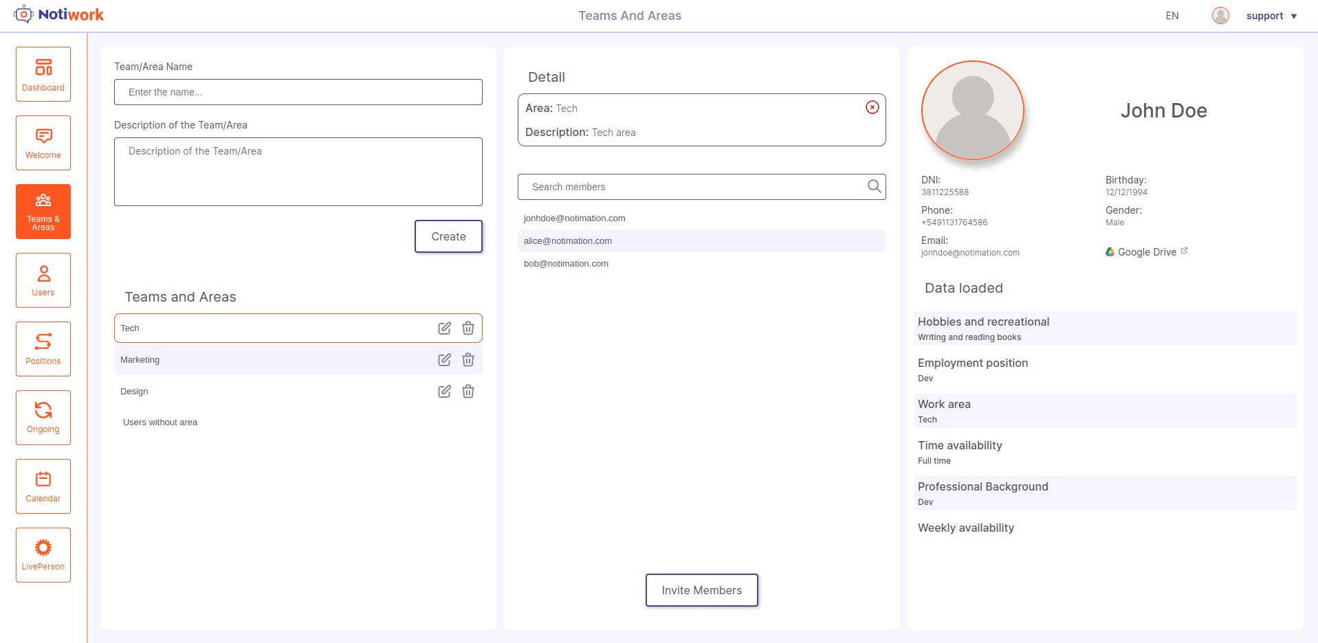 Página de equipos y áreas